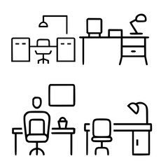 A simple line-art collection showing various office desks, chairs, computers, and lamps.
