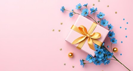 Blue flowers gift box and confetti festive celebration