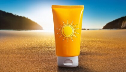 bright yellow sunscreen tube with sun design