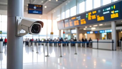 A security camera oversees the bustling airport terminal filled with travelers and check-in counters.