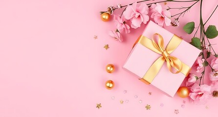 Pink flowers gift box and confetti festive celebration