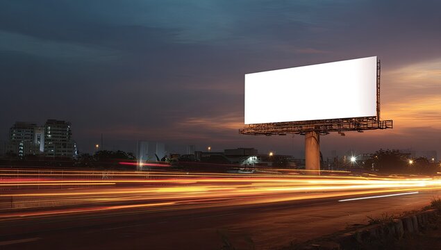Blank billboard at dusk, city highway