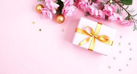 Pink flowers gift box and confetti festive celebration