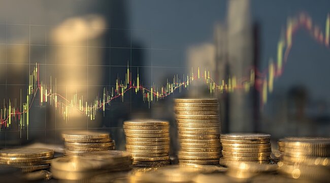 Stacks of gold coins with a stock market chart overlayed