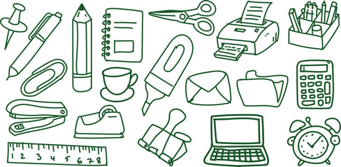 Trendy hand-drawn office supplies set in doodle style. Quirky sketch icons for productivity, stationery, planner decor, school vibes, digital stickers, and modern workspace visuals.