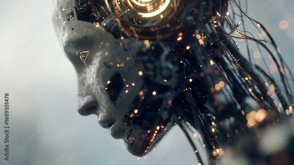 Poster close-up of a serene, elegant robot face artfully blending human features with mechanical components