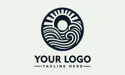 Circular logo design featuring a sun rising over stylized ocean waves, perfect for branding.