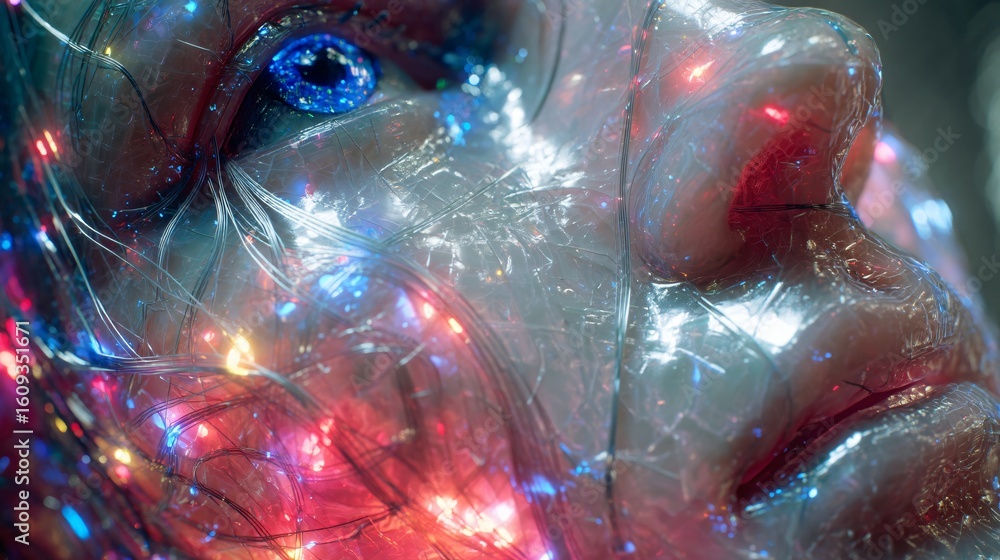 Poster intricate close up reveals a translucent robotic face illuminated by internal lights creating a surr