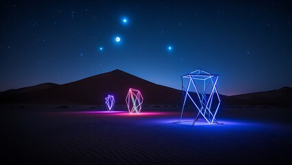 Futuristic light installations illuminate the desert landscape under a starry night