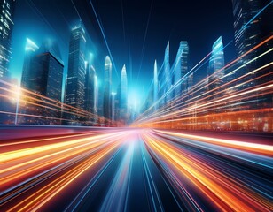 Fototapeta premium high speed motion blur cityscape with bright light for modern transport technology urban dynamic energy background