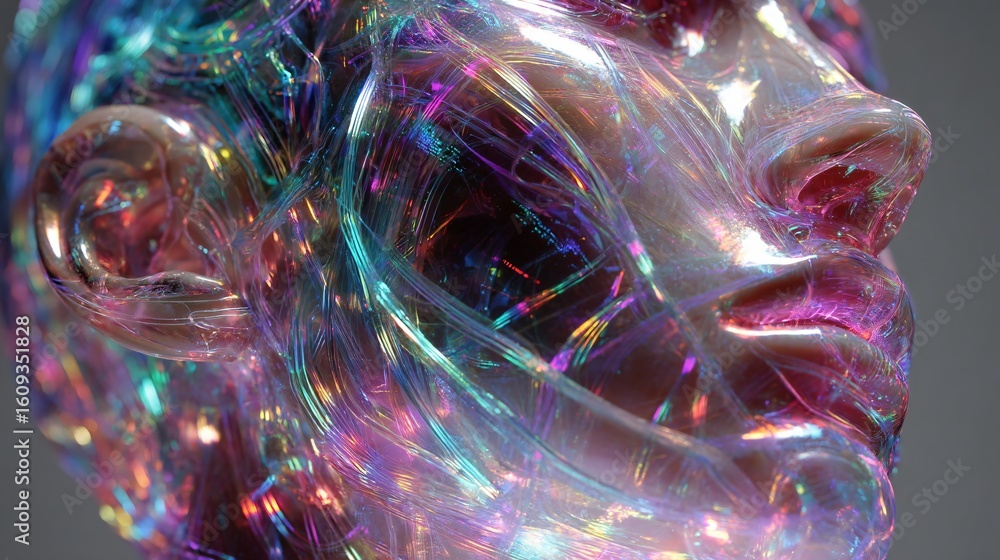Poster a translucent robotic face is seen up close crafted with an intricate network that glows with flicke