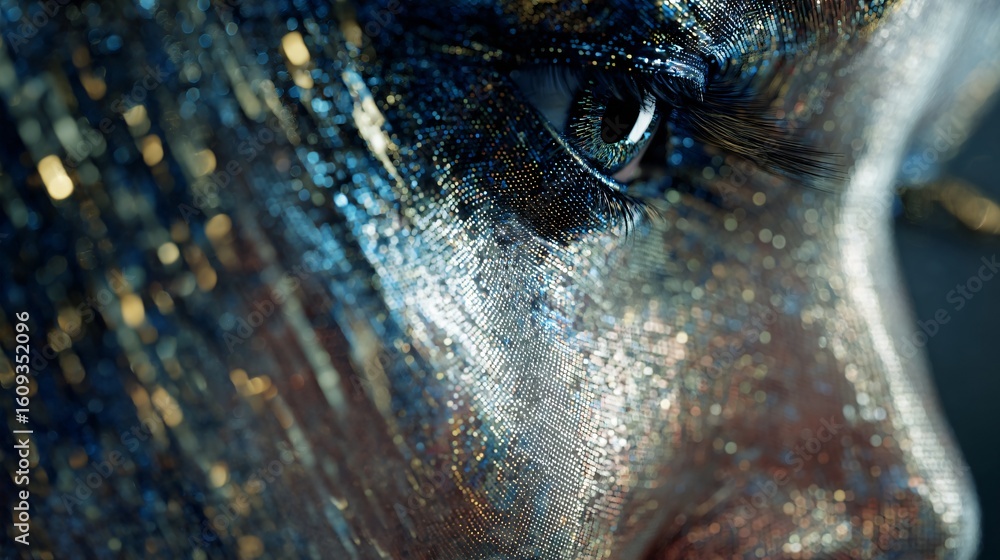 Poster a mesmerizing close up showcases a robotic face adorned with shimmering textures accented by dynamic