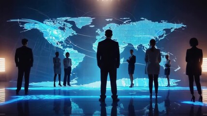 Diverse business team collaborates on global strategy, analyzing digital world map projections in a futuristic boardroom, showcasing international connectivity and innovation for corporate growth. - Powered by Adobe