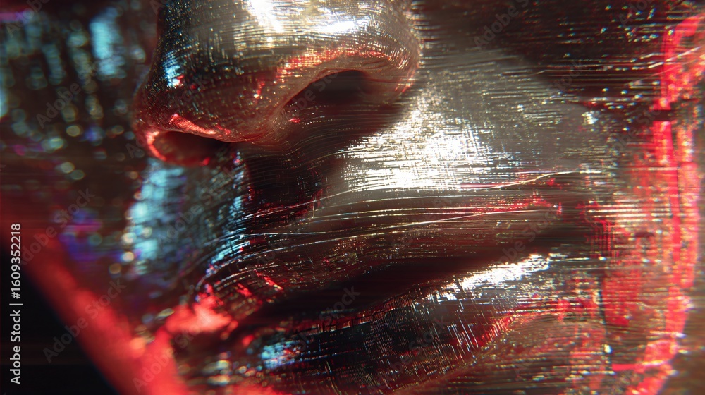 Poster intense close up of a robotic face showcasing dynamic digital glitches and shimmering textures evoki