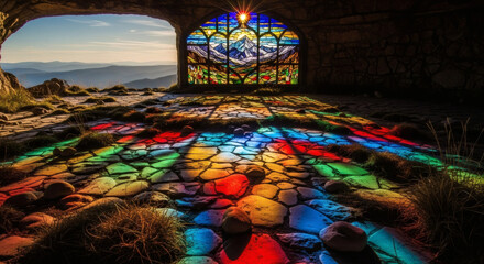 Sunlit stained-glass window in a mountain cave chapel casts vibrant colors.