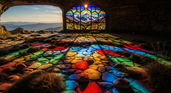 Sunlit stained-glass window in a mountain cave chapel casts vibrant colors. - Powered by Adobe