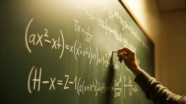 A hand writes complex mathematical equations on a dark green chalkboard. - Powered by Adobe