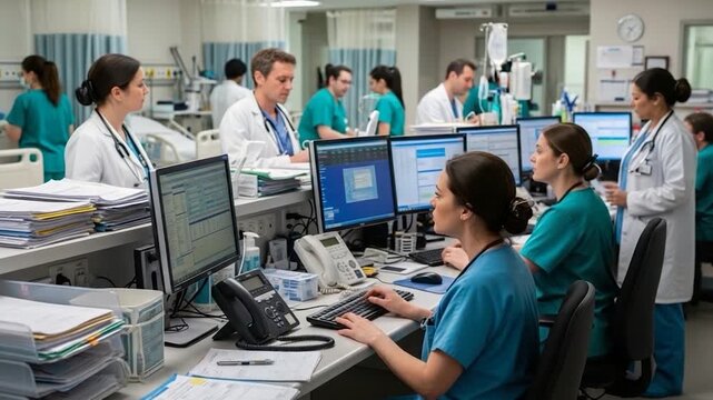 Busy hospital nurses and doctors working at computer stations, managing patient records and coordinating care.