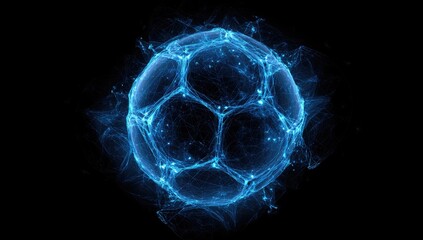 Abstract, glowing, blue soccer ball against black background
