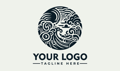 Circular logo featuring stylized ocean waves, clouds, and a horizon line with a setting sun.