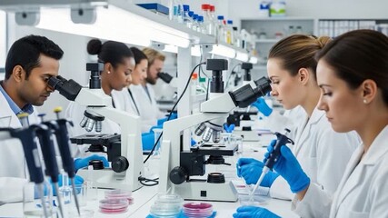 Group of scientists in lab coats working with microscopes and equipment, studying samples. - Powered by Adobe