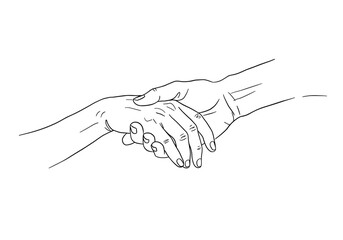 Hands holding each other in line art style on white background  
