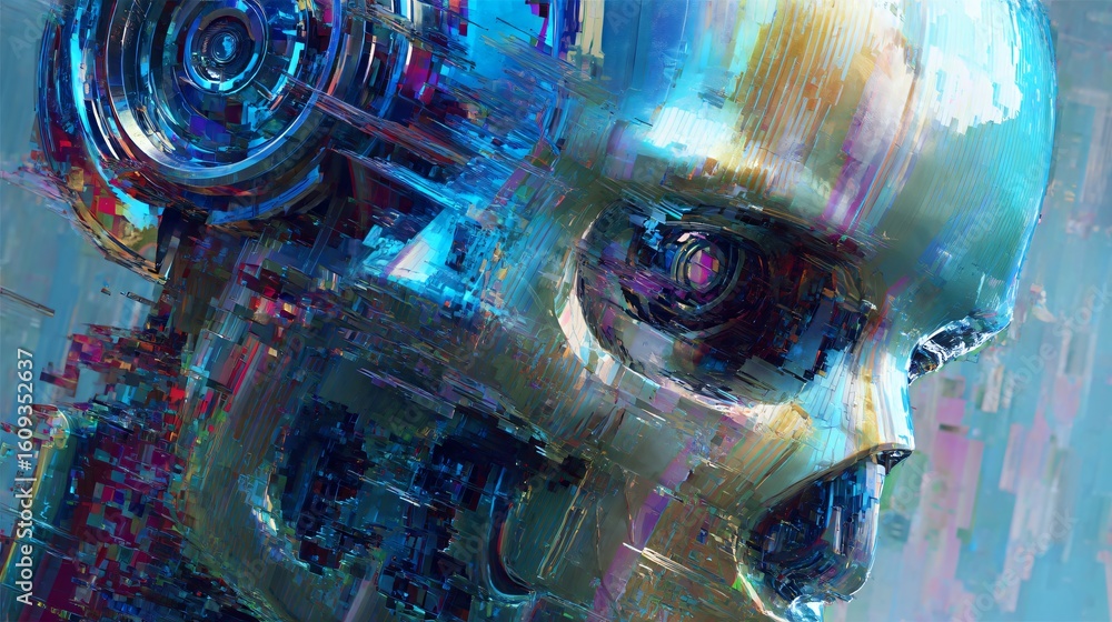 Poster a futuristic robot head gazes with luminous led eyes that shimmer with digital distortion and intric