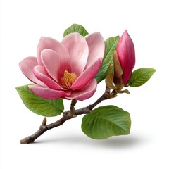 Fototapeta premium Pink magnolia blossom with bud and leaves on a branch isolated on white background.