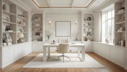 bright white modern home office interior with elegant built-in shelving, minimalist decor, and natural light for a productive and serene workspace. zoom office background.
