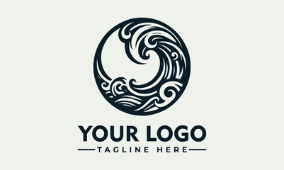 Stylized ocean wave logo design, circular emblem, monochrome, graphic art.