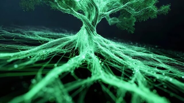 Digital tree illuminated in glowing green hues. Network of intricate roots symbolizes growth, AI connection. Dark background, nature, technology, sustainability. GPU processing Information flow.
