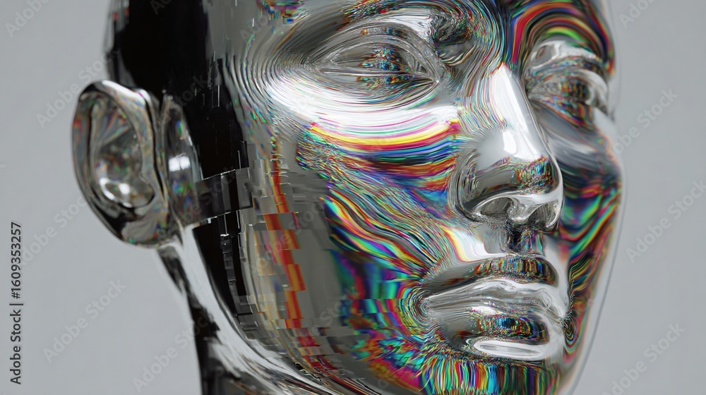 Poster hyperrealistic chrome visage exhibiting digital glitches creating a mesmerizing blend of smooth surf