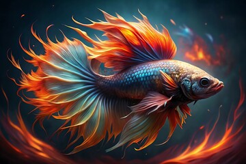 Fototapeta premium Vibrant betta fish with fiery fins and iridescent scales swims gracefully in dark mystical waters