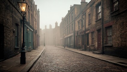 Misty, cobbled street in a historic district