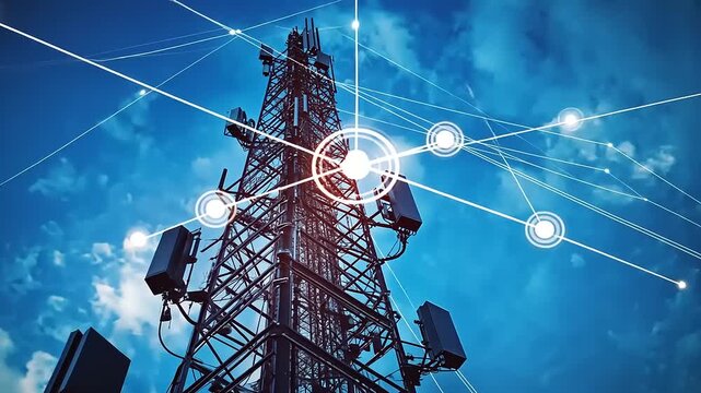 Communication tower with technology signals against a vibrant blue sky, symbolizing connectivity