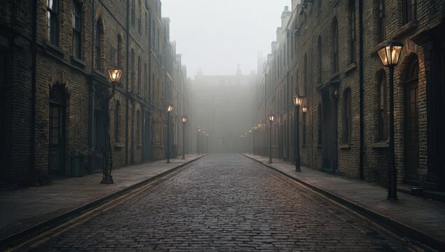 Foggy cobblestone street