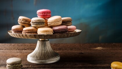 assorted macarons on cake stand with rustic table for french dessert gourmet sweet pastry background celebration