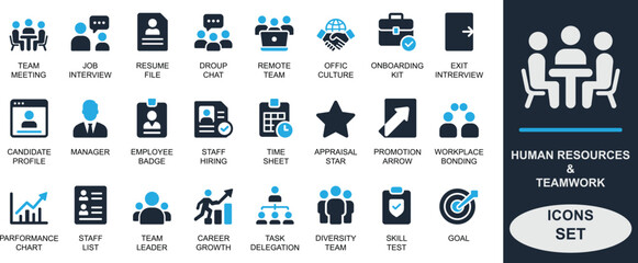 Minimal solid human resources and teamwork icon set. Featuring HR, hiring, resume, employee, teamwork, training, job interview, feedback, skills, and career growth. Ideal for apps, UI, and business us