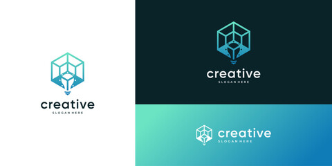 Abstract combine light bulb and geometric hexagon cube vector logo design icon inspiration.