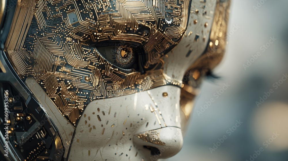 Poster intricate close up of a sleek metallic robotic face highlighting the golden circuitry patterns as di