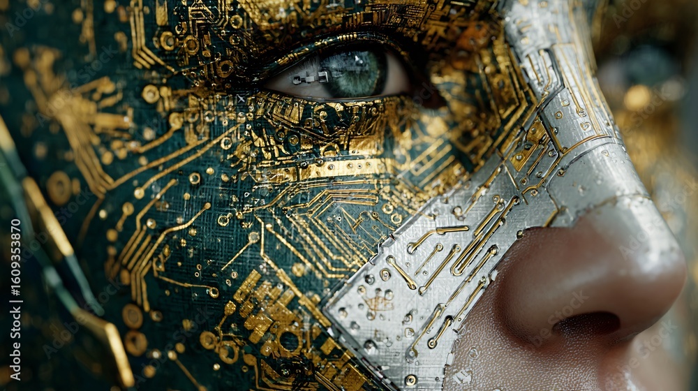 Poster close up shot displays a metallic robotic face adorned with intricate circuitry patterns evoking a s
