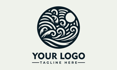 Circular logo design featuring stylized ocean waves and sun.