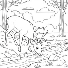 Cartoon Deer Drinking from Forest Stream — Peaceful Wildlife Coloring Page for Kids, Black and White Line Art Nature Illustration