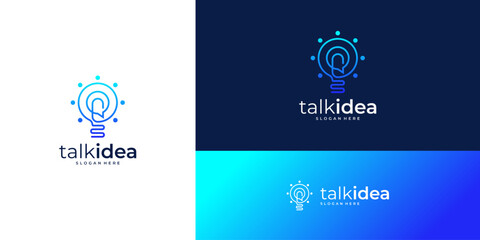 Speech bubble with light bulb logo design vector ideas. Abstract outline communication based icon template.