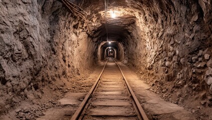 Naklejka premium Dark, rocky mine tunnel with tracks