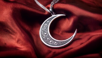 silver crescent pendant on silk background symbolizing eid