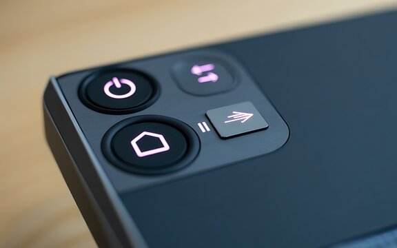 Close up of electronic device buttons with pink illumination