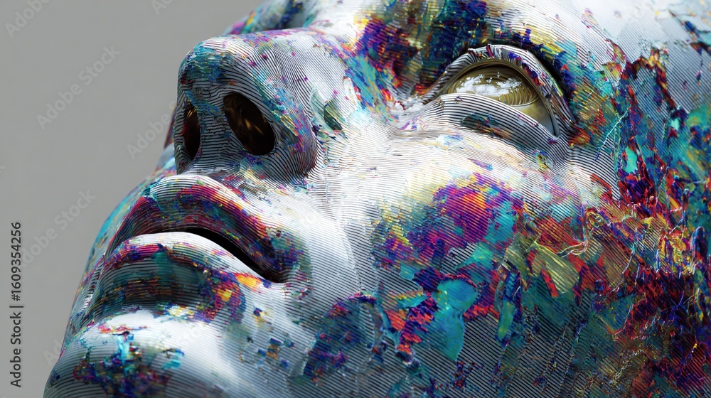 Poster close up reveals a robot head with striking facial features pulsating with vibrant glitch patterns a