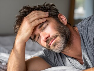 Fototapeta premium A man lies on a bed with his eyes closed, his hand on his forehead, appearing exhausted or unwell.