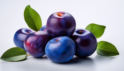 sweet fresh blueberries and ripe plums with blue and green leaves on a white background